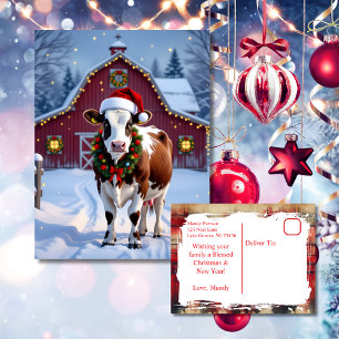A Festive Cow in Santa Hat Country Christmas Postcard