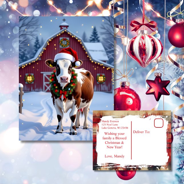 A Festive Cow in Santa Hat Country Christmas Postcard (Creator Uploaded)