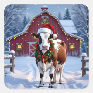 A Festive Cow in Santa Hat Country Christmas Square Sticker