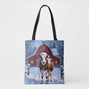 A Festive Cow in Santa Hat Country Christmas Tote Bag