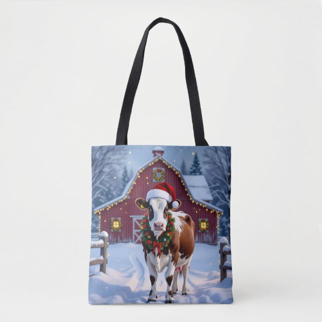 A Festive Cow in Santa Hat Country Christmas   Tote Bag (Front)
