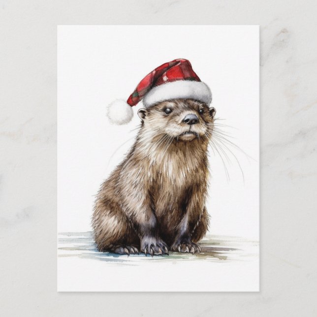 A Festive Santa Christmas Otter Postcard (Front)