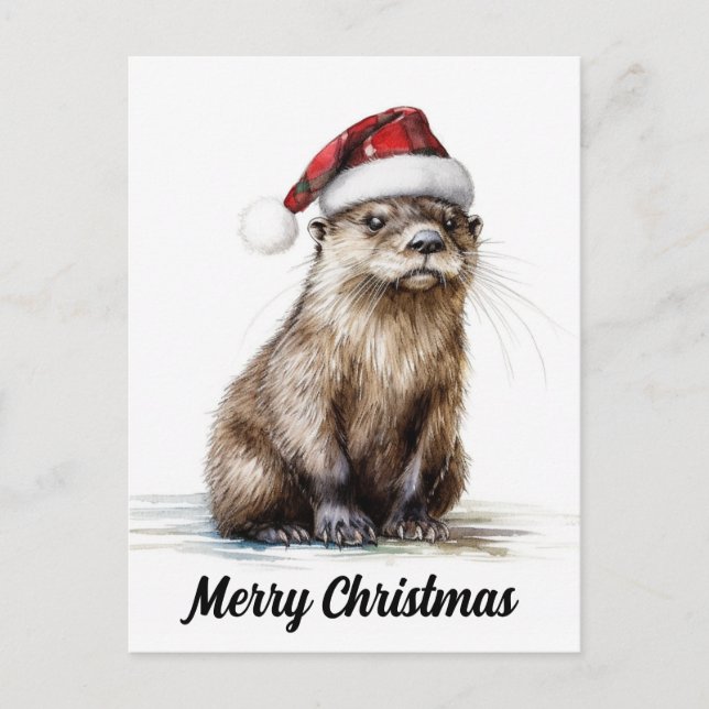 A Festive Santa Christmas Otter Postcard (Front)