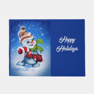 A festive snowman doormat