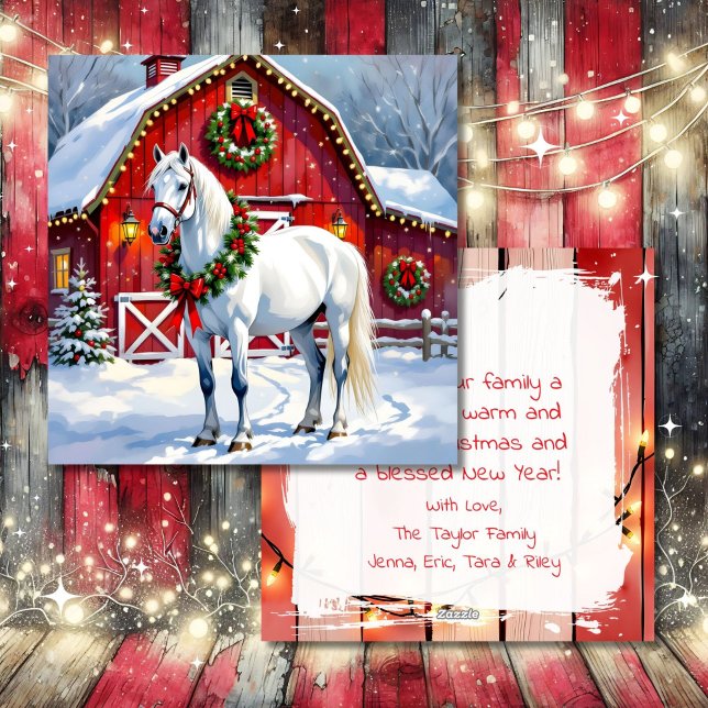A Festive White Horse and Winter Barn Christmas Holiday Card (Creator Uploaded)