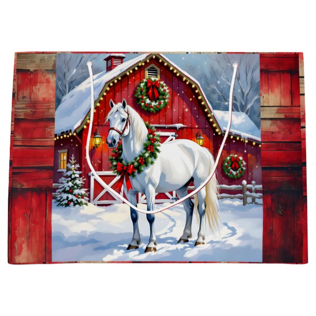 A Festive White Horse and Winter Barn Christmas Large Gift Bag (Front)