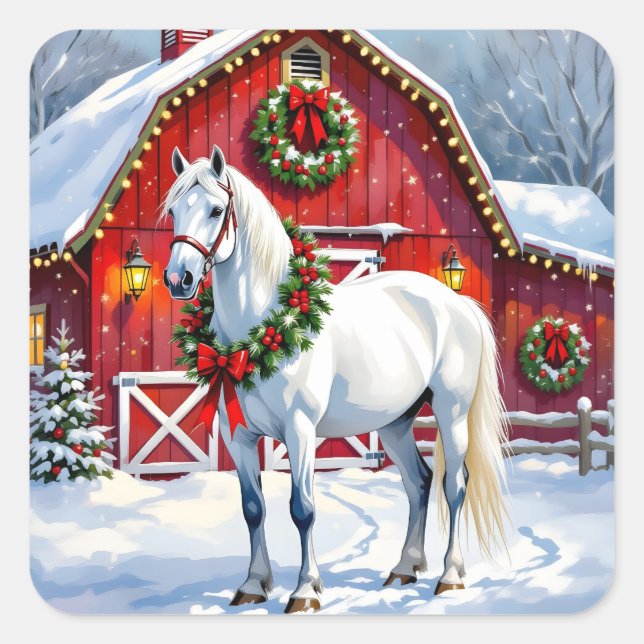 A Festive White Horse and Winter Barn Christmas Square Sticker (Front)