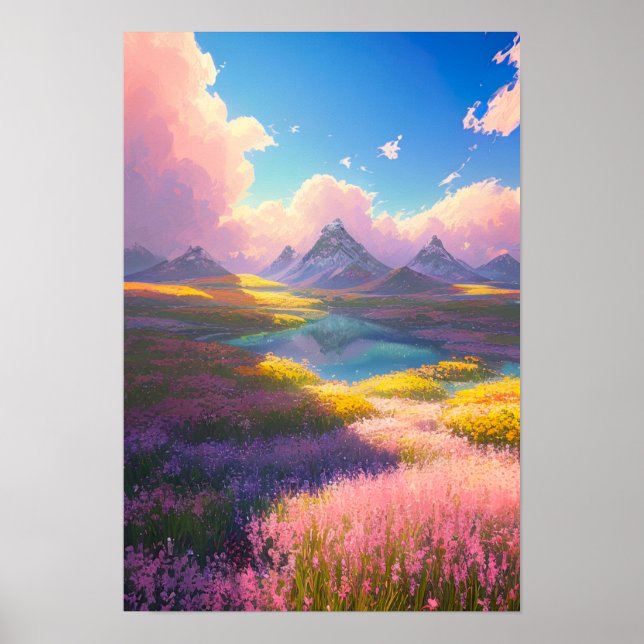A Field of Blooms, Lake, and Majestic Mountains Poster (Front)