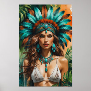 A Fierce Bohemian Woman in Teal and Rust Poster