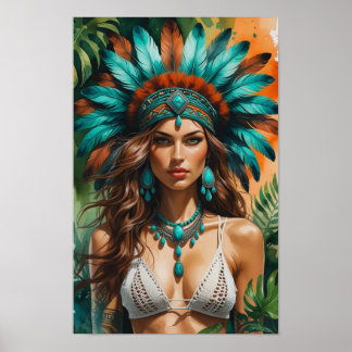 A Fierce Bohemian Woman in Teal and Rust Poster