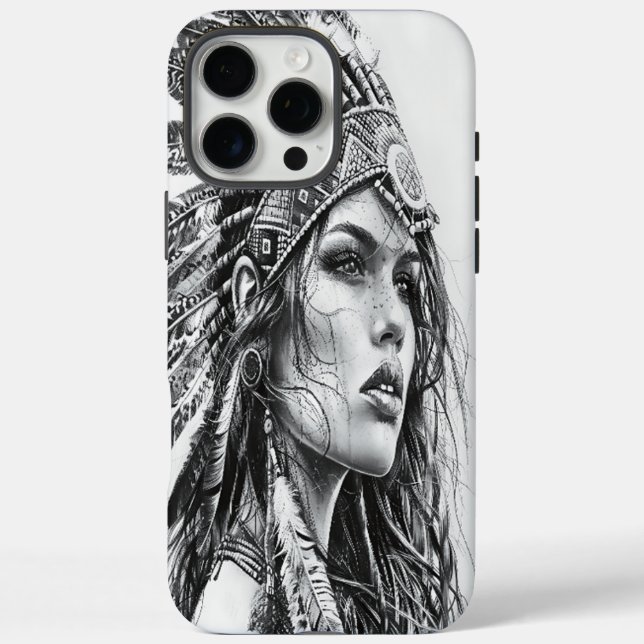 A fierce Indian warrior girl adorned with feathers Case-Mate iPhone Case (Back)