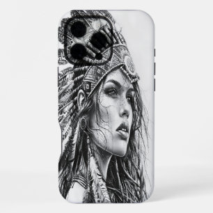 A fierce Indian warrior girl adorned with feathers iPhone 16 Pro Max Case