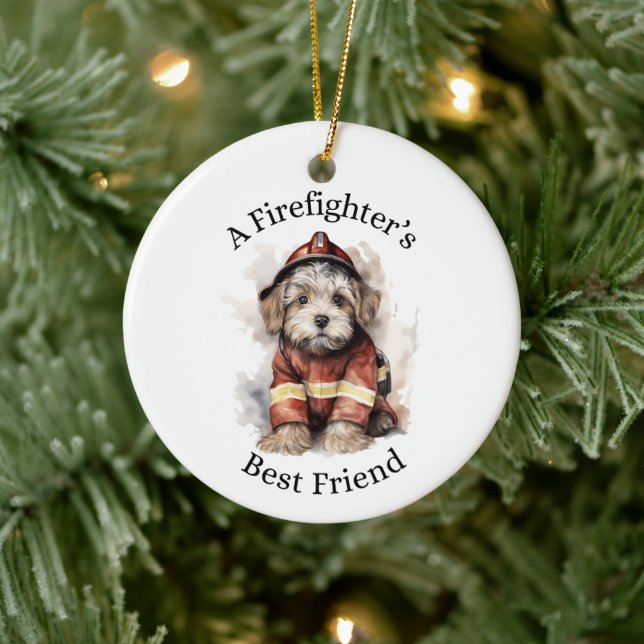 A Firefighter’s Best Friend Dog Fireman Outfit Ceramic Tree Decoration (Tree)