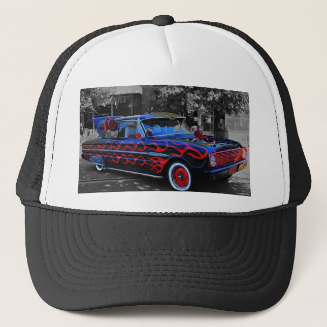 A flaming old car, oon a truckers hat (Front)