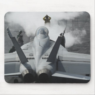 A flight deck director signals an F/A-18F Mouse Mat