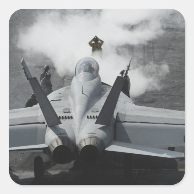 A flight deck director signals an F/A-18F Square Sticker (Front)