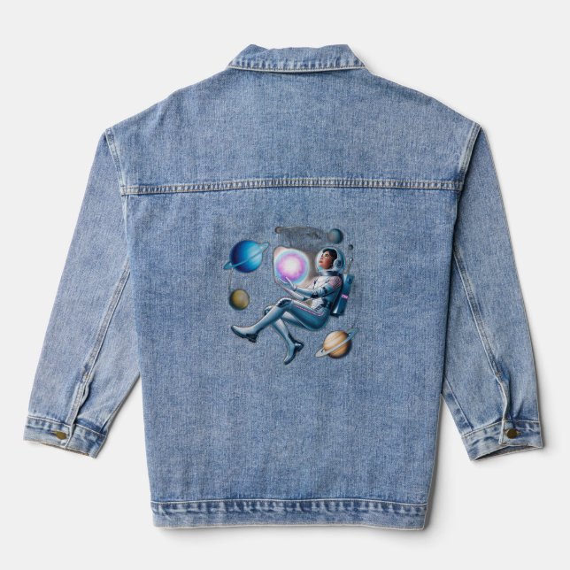 A floating astronaut holding a glowing orb denim jacket (Back)