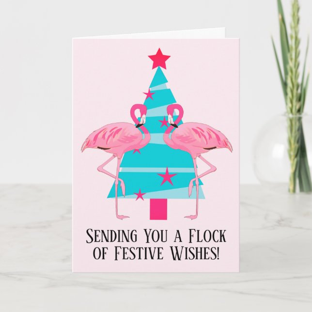 A Flock of Festive Wishes Christmas Flamingos Holiday Card (Front)