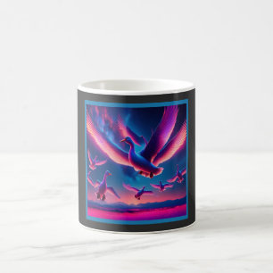A Flock Of Pink Neon Geese Hovers In The Night Sky Coffee Mug