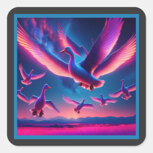 A Flock Of Pink Neon Geese Hovers In The Night Sky Square Sticker
