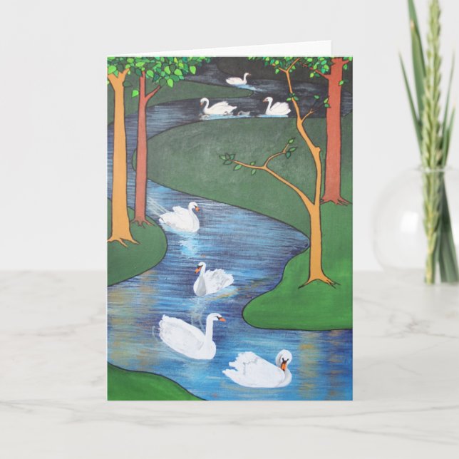 A Flock of Seven Swans-A-Swimming  Holiday Card (Front)
