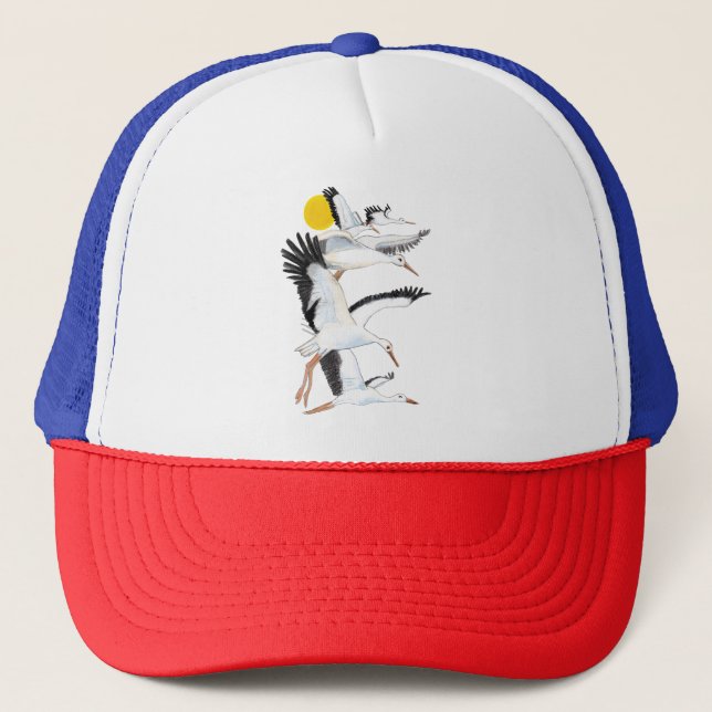 A Flock of White Storks Flying over the Sun Illust Trucker Hat (Front)