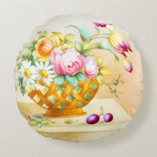 A Floral Basket of Peonies and Tulips Round Pillow