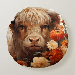 A Floral Highland Cow Series Design 1 Round Cushion