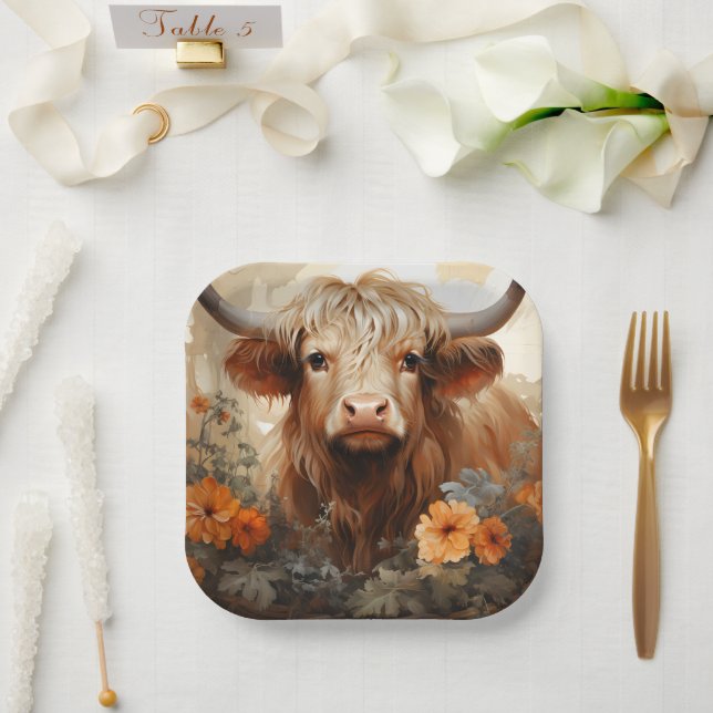 A Floral Highland Cow Series Design 2 Paper Plate (Wedding)