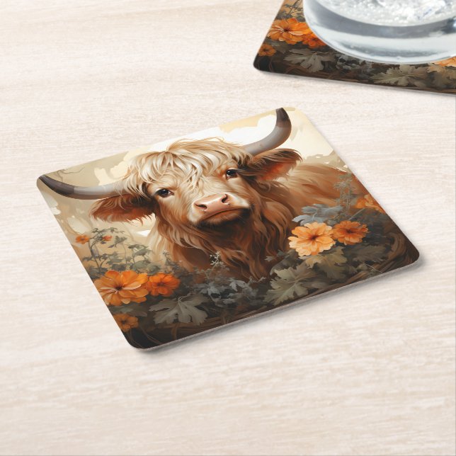 A Floral Highland Cow Series Design 2 Square Paper Coaster (Angled)