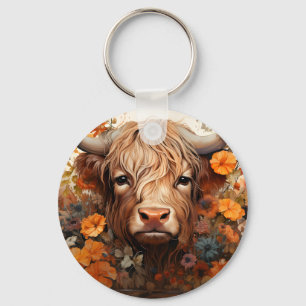 A Floral Highland Cow Series Design 3 Key Ring