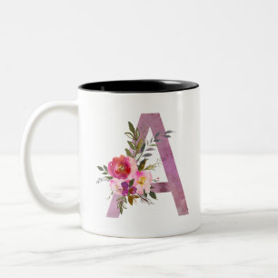 A, Floral Monogram initial , watercolor flower Two-Tone Coffee Mug