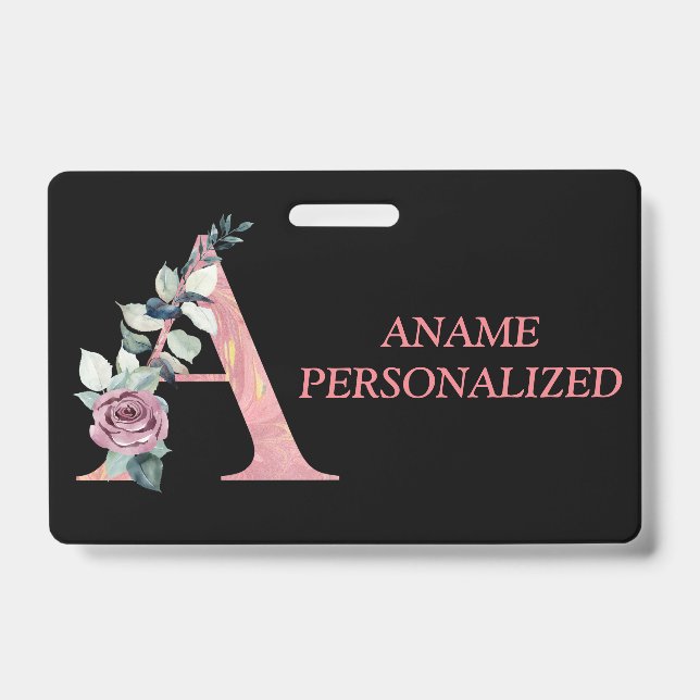 A Floral Monogram Name Letters Pink Agate ID Badge (Front)