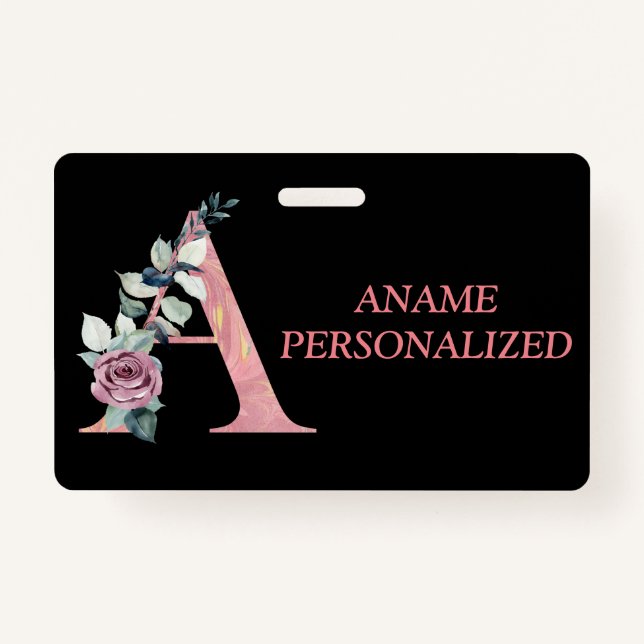 A Floral Monogram Name Letters Pink Agate ID Badge (Front)