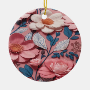 A floral pattern with a pink background ceramic tree decoration