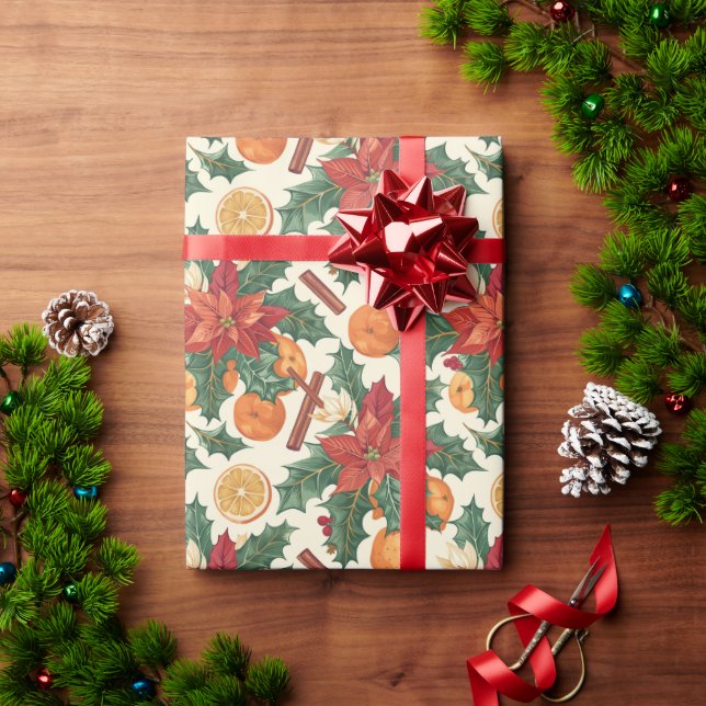A Floral Pattern With Poinsettias, Oranges, Holly Wrapping Paper (Holiday Gift)