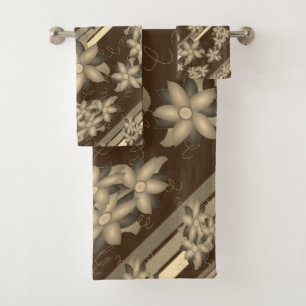 A Flowered Towel Set With Chocolate Brown