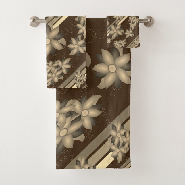 A Flowered Towel Set With Chocolate Brown (Insitu)