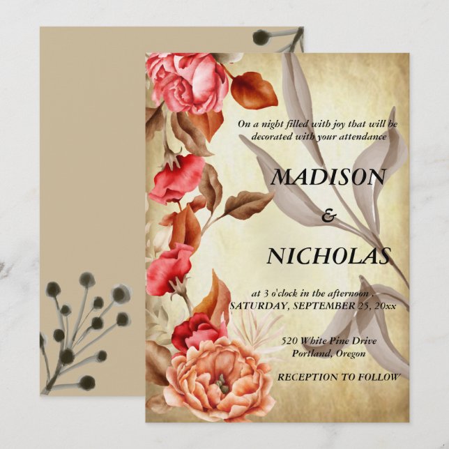 A flowery, rustic botanical wedding invitation (Front/Back)