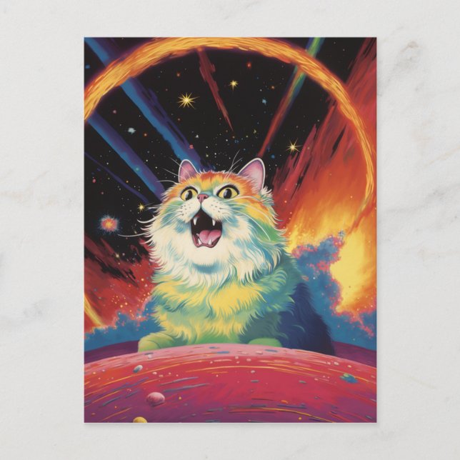A Fluffy White Cat in Space Postcard (Front)