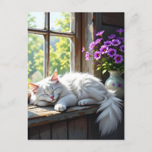 A Fluffy White Cat Napping on the Window Sill Postcard