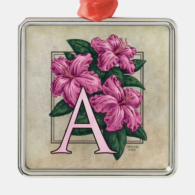 A for Azalea Flower Monogram Square Prem Ornament (Front)
