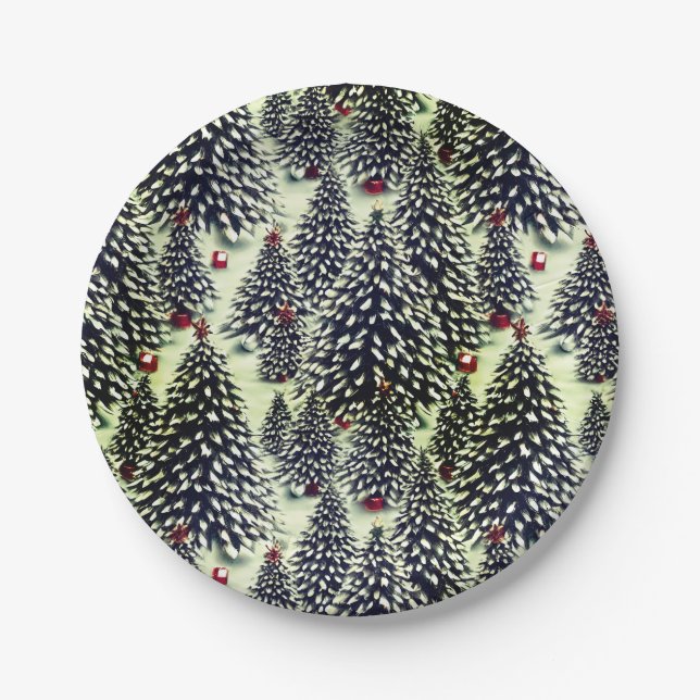 A Forest of Snow Covered Christmas Trees  Paper Plate (Front)