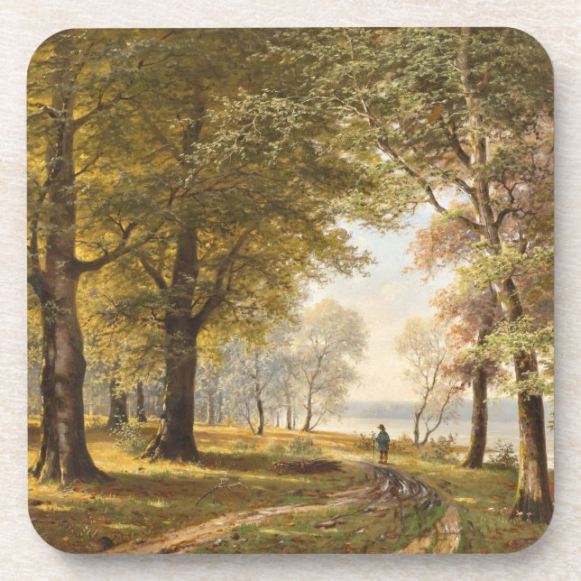 A Forest Path with Hiker in Autumn Coaster (Front)