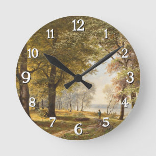 A Forest Path with Hiker in Autumn Round Clock