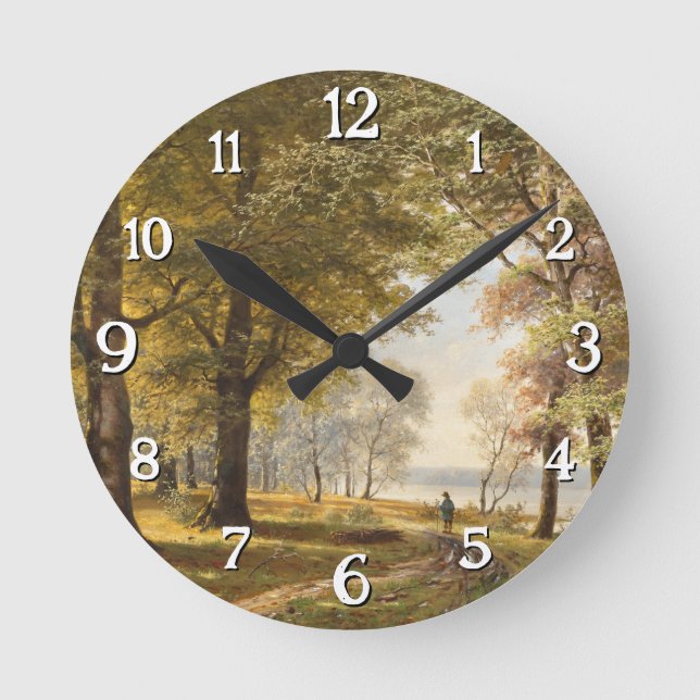 A Forest Path with Hiker in Autumn Round Clock (Front)