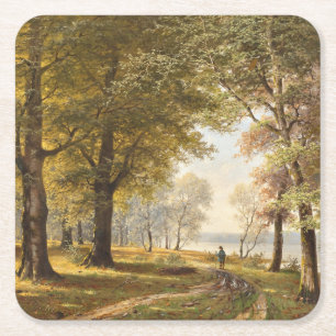 A Forest Path with Hiker in Autumn Square Paper Coaster