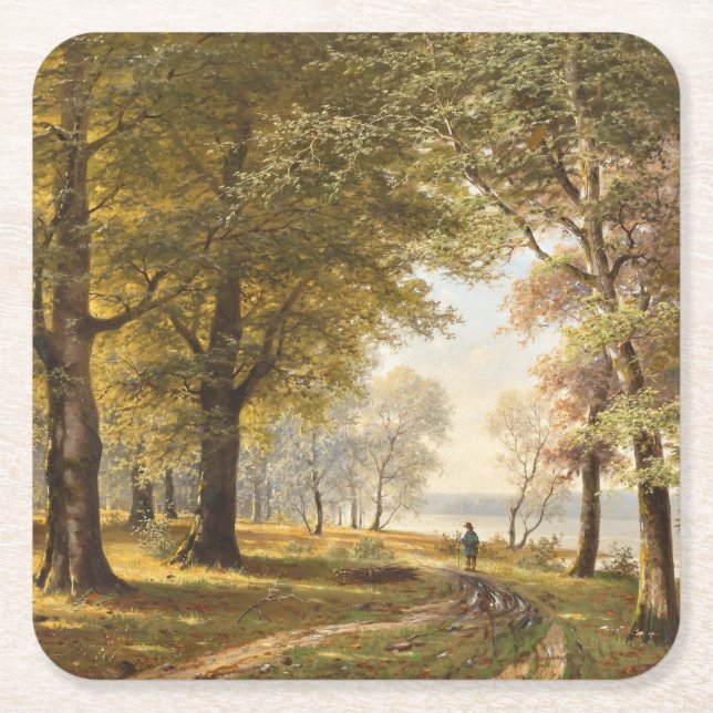 A Forest Path with Hiker in Autumn Square Paper Coaster (Front)