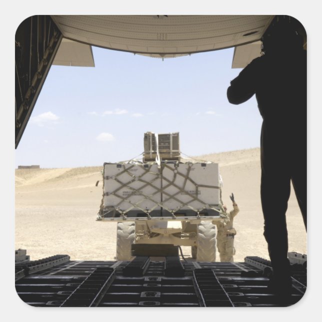 A forklift loads cargo onto a C-130 Hercules Square Sticker (Front)