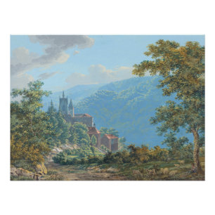 A Fortress in a Mountain Landscape at Sunrise Poster